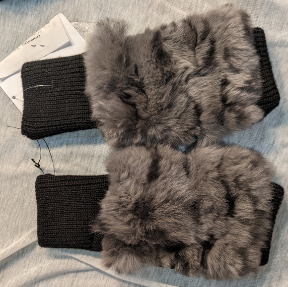 JOCELYN RABBIT FUR TOPPED WOOL BLEND FINGERLESS GLOVES MITTENS - Picture 2 of 5